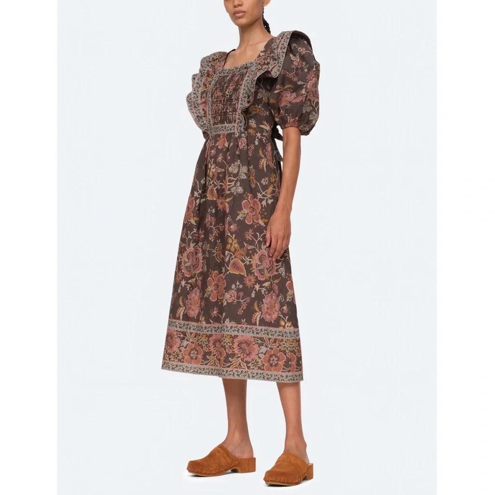 NWT SEA New York Midi Tess Print Puff Sleeve Smocked Dress - Picture 3 of 11